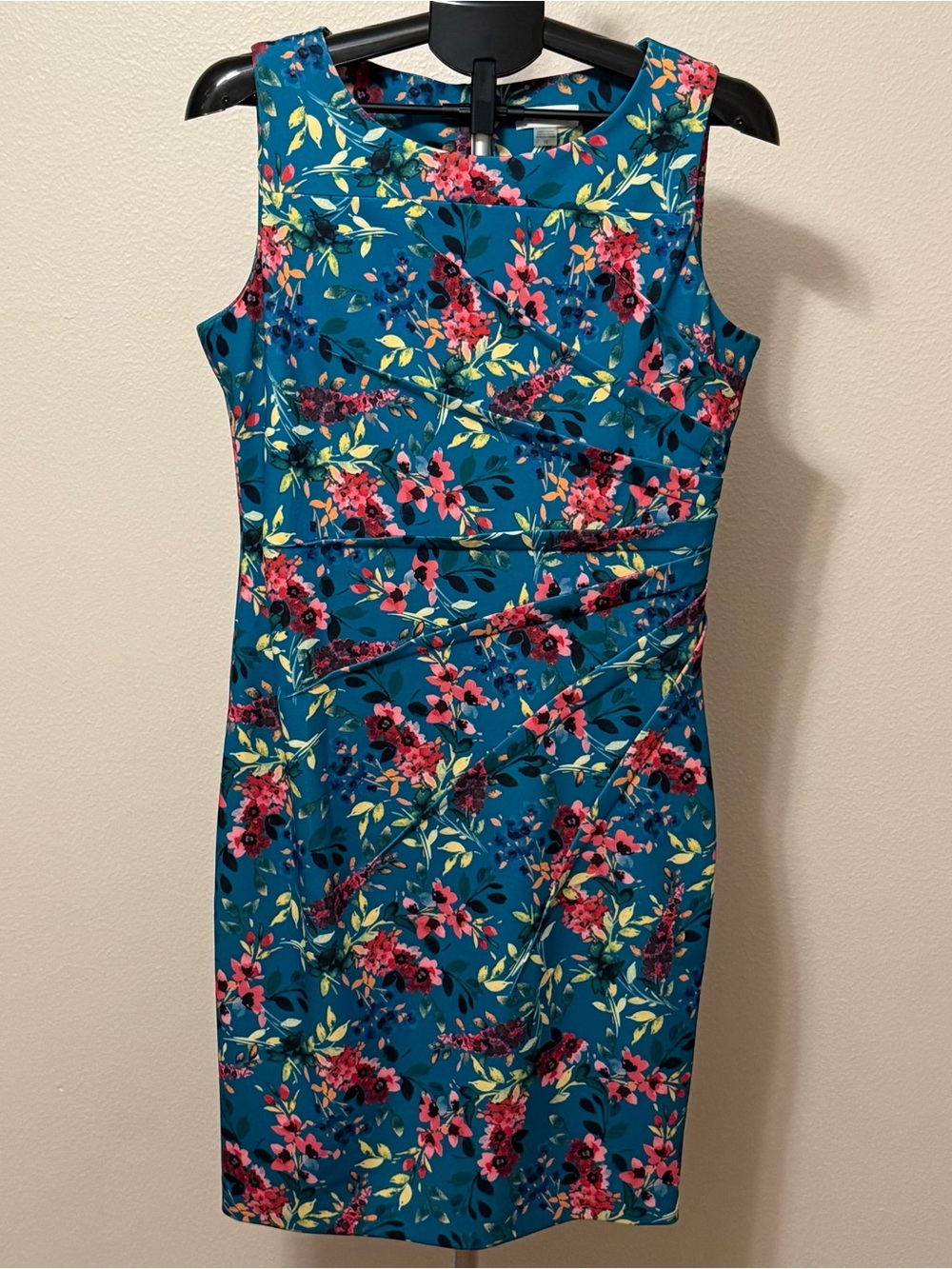 Calvin Klein Floral Sheath Dress Size 12 Teal Ruched Waist Sleeveless Career